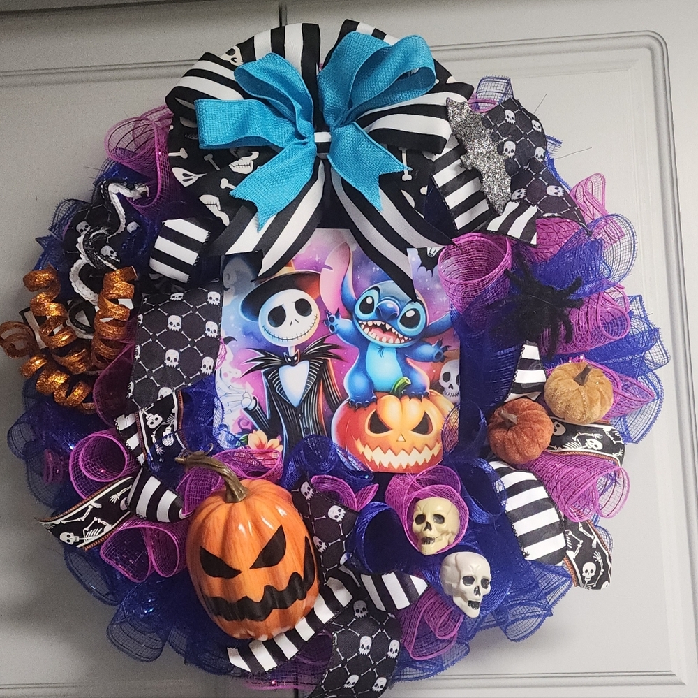 Jack Skellington & Stitch Halloween Wreath with Blue and Purple Accents